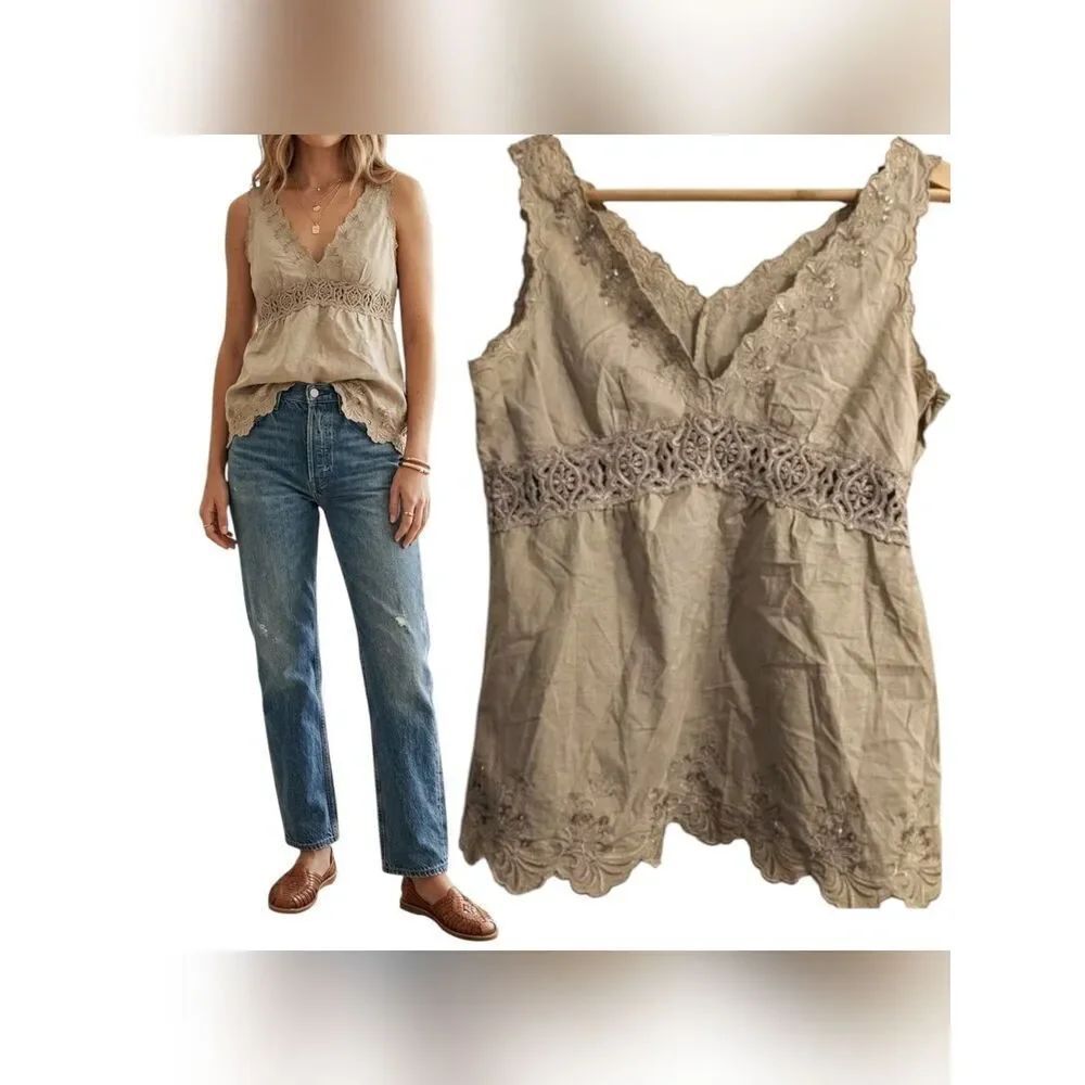 MKlein+  embroidered lace embellished beige cotton camisole v neck, size S